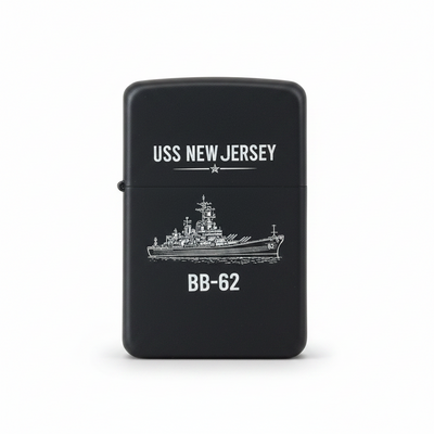 Black lighter with USS New Jersey and BB-62 text and ship illustration
