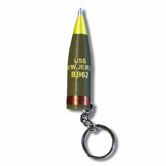 Keychain designed like a cylindrical object with 'USS New Jersey BB62' text on a white background
