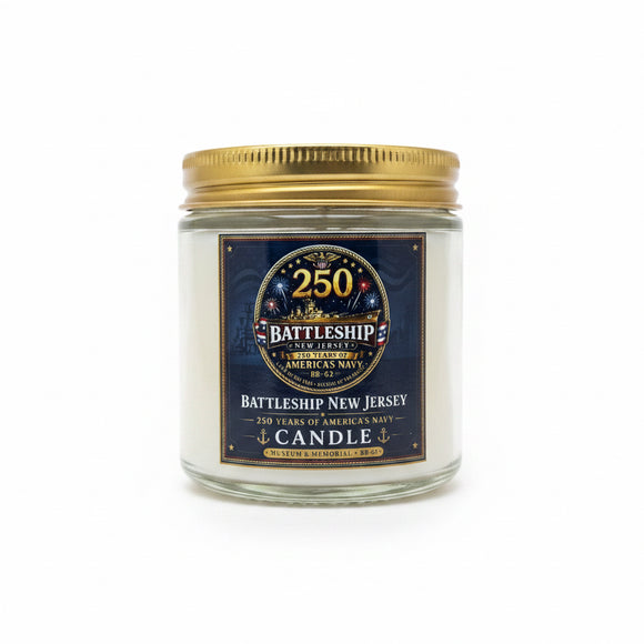 Battleship New Jersey candle with a gold lid on a white background