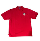 Red polo shirt with a logo on a white background
