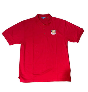 Red polo shirt with a logo on a white background