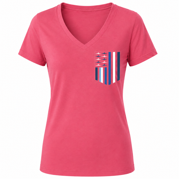 Battleship New Jersey America250 Flag Silhouette Women's V-Neck T-Shirt – Coral Pink