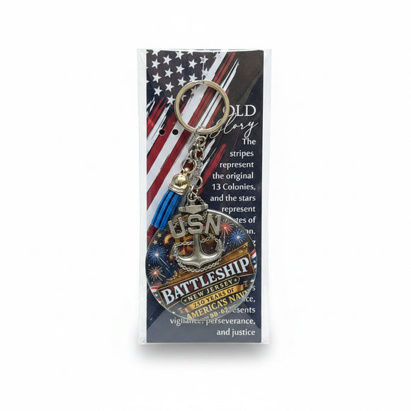 250 Years of America's Navy 2" Button Keychain x USN Pewter Battleship New Jersey BB-62