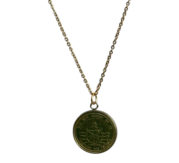 Gold necklace with a round pendant on a white background