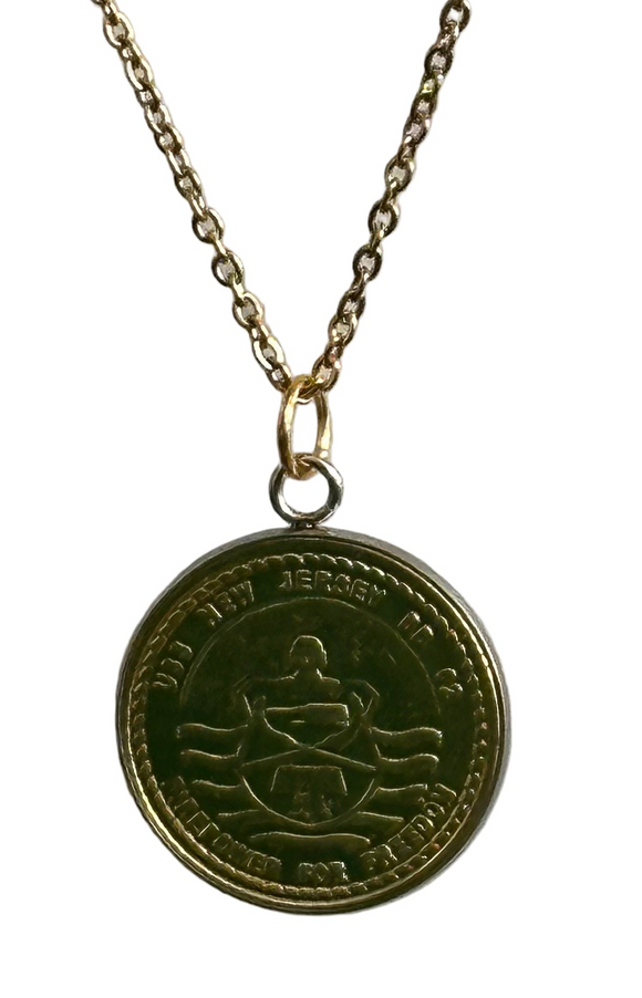 USS New Jersey Coin Pendant Necklace-Gold Stainless Steel Chain Edition (Unisex)