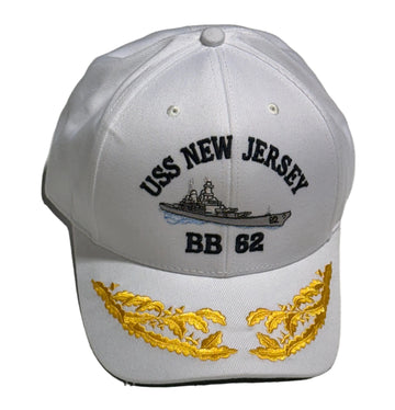 USS New Jersey BB-62 Admiral Baseball Hat w/ Ship ( White & Blue)