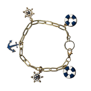 Battleship Anchored in Faith Charm Bracelet– Gold Tone & Navy Enamel