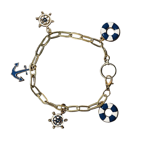 Battleship Anchored in Faith Charm Bracelet– Gold Tone & Navy Enamel
