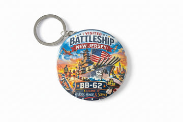 Keychain with Battleship New Jersey design on a white background