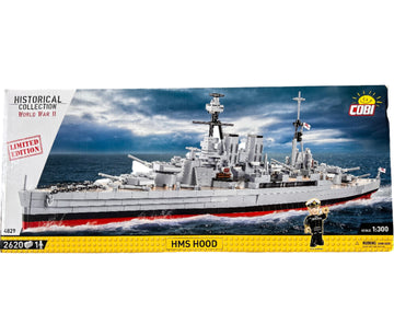 Cobi HMS Hood model kit packaging on a brown surface