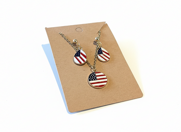 Gold Stainless Steel Tear Drop Circle American Flag Jewelry Set