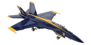 Model of a blue and yellow fighter jet on a white background