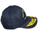 Two navy blue caps with yellow text and logos on a concrete surface
