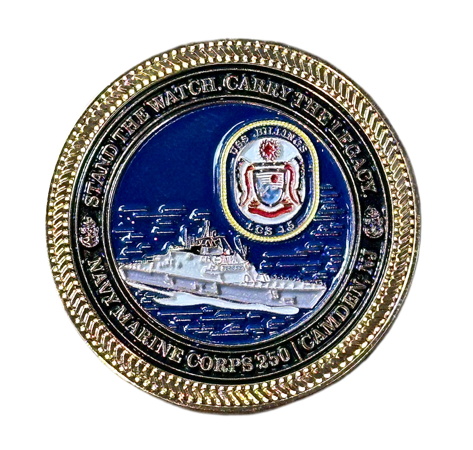 Decorative coin with navy and marine corps emblem and ship illustration on a blue background