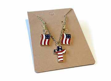 Gold Stainless Steel Cross & American Flag Jewelry Set