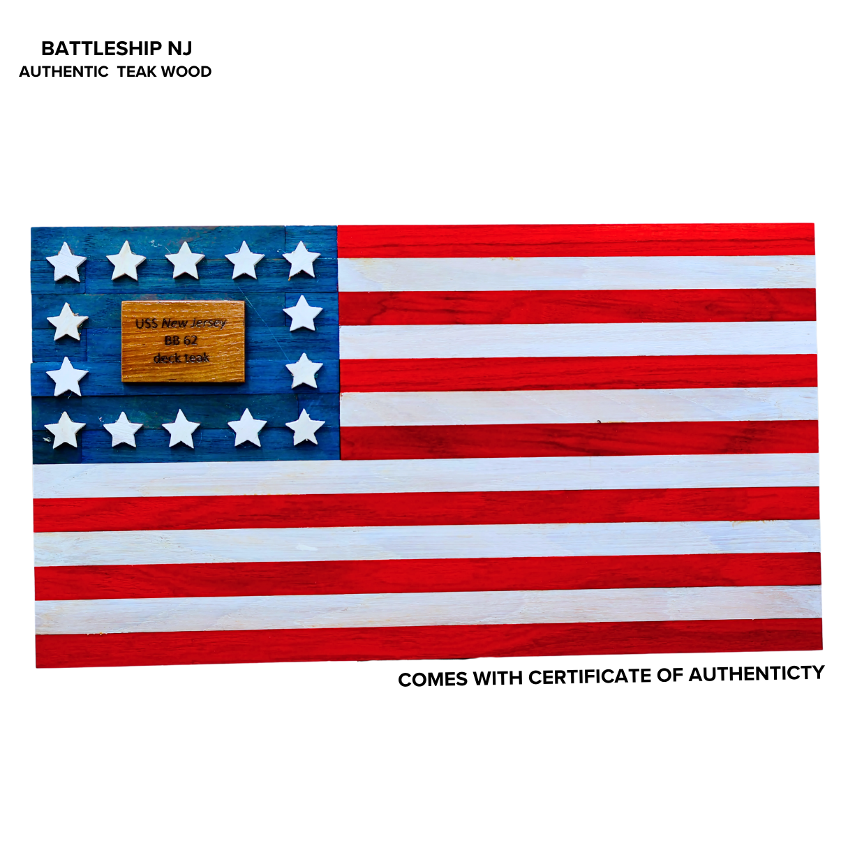 Wooden American flag with 'Battleship NJ' plaque on a white background