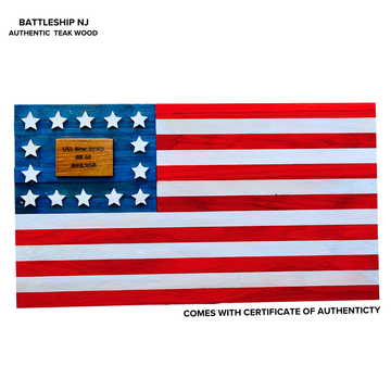 Wooden American flag with 'Battleship NJ' plaque on a white background