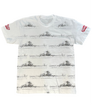 White t-shirt with black ship pattern and red labels on sleeves against a white background