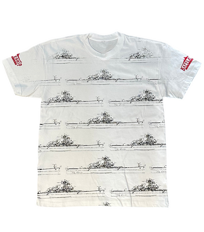 White t-shirt with black ship pattern and red labels on sleeves against a white background