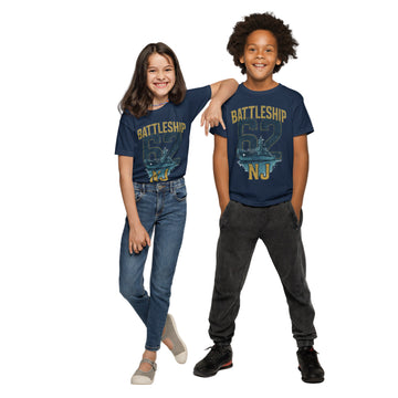 Two children wearing 'Battleship NJ' t-shirts standing against a white background.