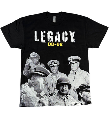 Black t-shirt with a graphic of historical figures and 'LEGACY BB-62' text.