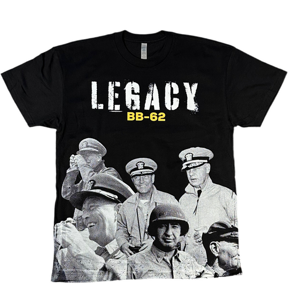 Black t-shirt with a graphic of historical figures and 'LEGACY BB-62' text.