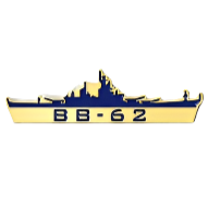 A navy blue pin with gold details showcasing the silhouette of a battleship and the text 'BB-62'.