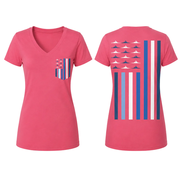 Battleship New Jersey America250 Flag Silhouette Women's V-Neck T-Shirt – Coral Pink