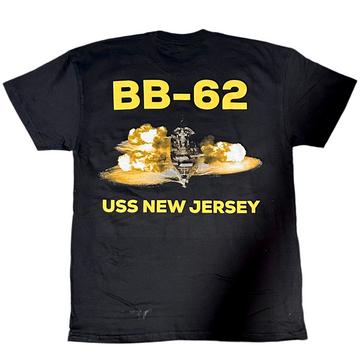 Black t-shirt with yellow text and graphic of USS New Jersey on a white background