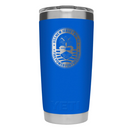 Blue insulated tumbler with a logo on a white background