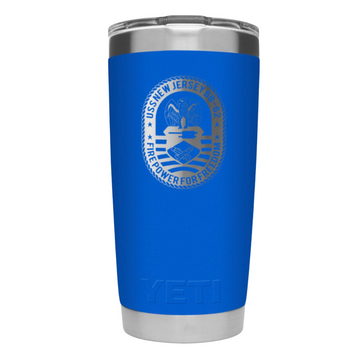 Blue insulated tumbler with a logo on a white background