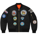 Black jacket with various patches on a white background