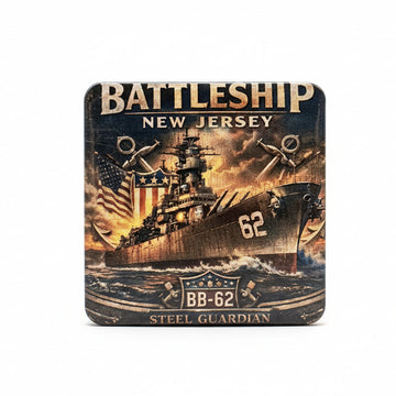 Decorative plaque of Battleship New Jersey with 'Battleship' text on a textured background