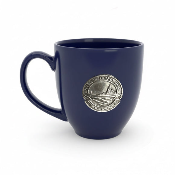 Battleship New Jersey Pewter Crest Mug – “Firepower for Freedom” Navy Blue Ceramic