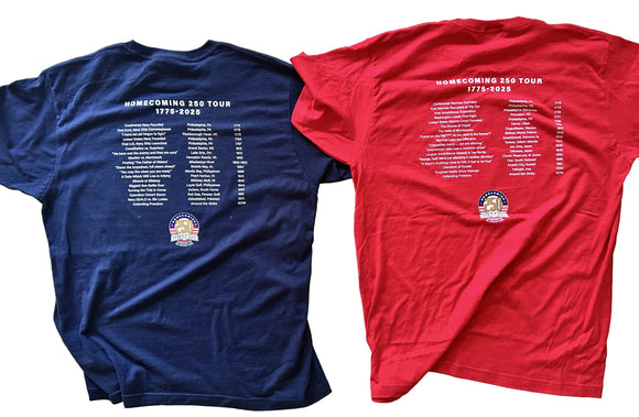 Two t-shirts, one blue and one red, with text and logos on a tiled floor.