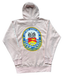 White hoodie with a colorful emblem on a black background