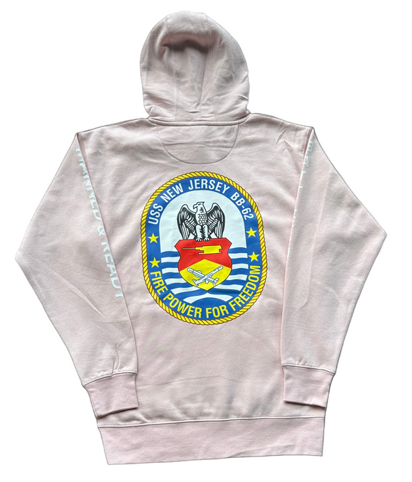 White hoodie with a colorful emblem on a black background