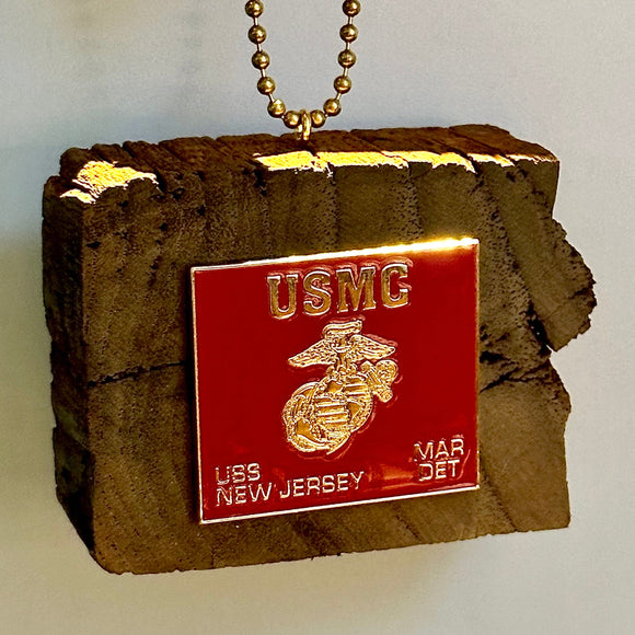 USMC emblem on a piece of battleship new jersey teak wood with a gold chain
