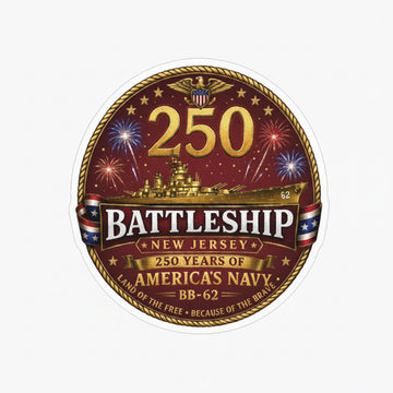 Circular sticker celebrating 250 years of America's Navy with text and graphics.