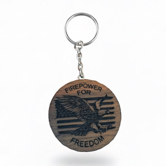 Keychain with American flag design and text on a white background