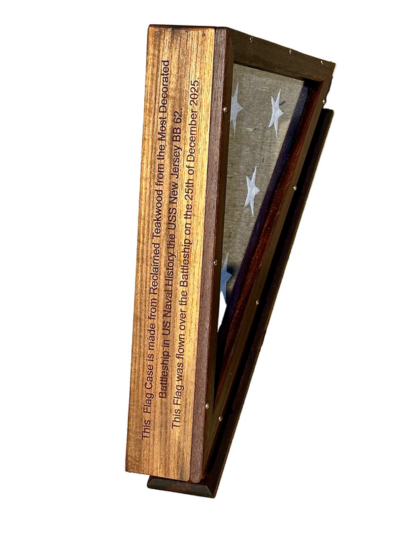 5 1/2 x 9 USS New Jersey BB-62 Authentic Teak Flag Display Case – Flown American Flag Display with 4 Commission Etching