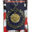 Medal ornament on a Christmas Collection card with American flag design, on a wooden surface.