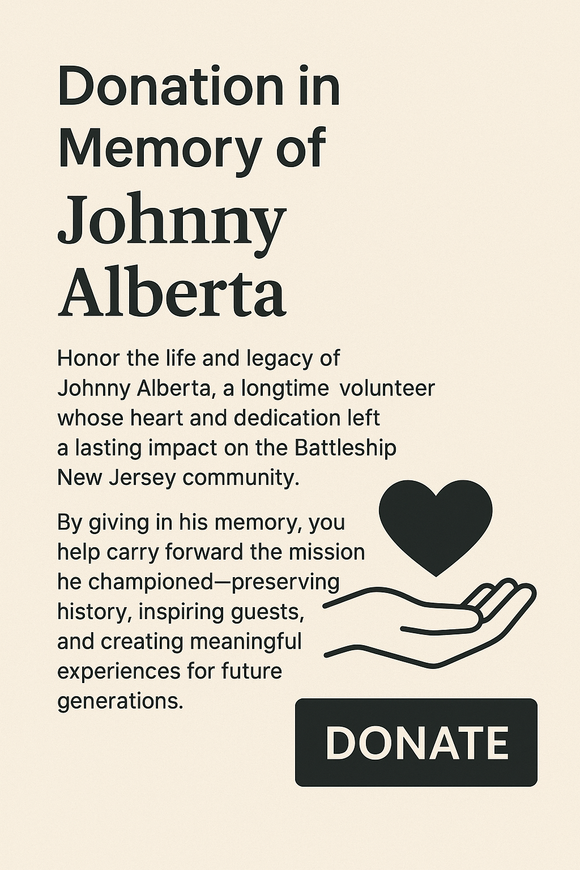 Memorial donation card for Johnny Alberta with text and a heart and hand icon on a beige background.