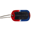 Dog tag with red, white, and blue color scheme on a white background