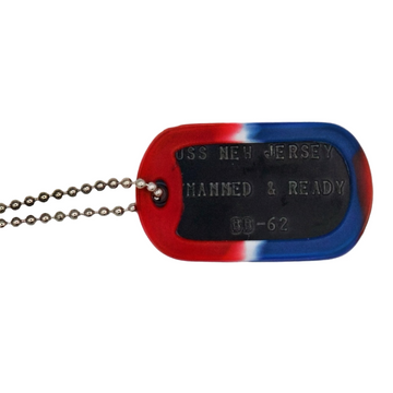 Dog tag with red, white, and blue color scheme on a white background