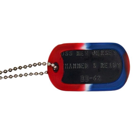 Dog tag with red, white, and blue color scheme on a white background