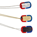 Three military-style dog tags with red, white, and blue stripes on a white background.
