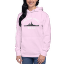 Person wearing a pink hoodie with a ship design and text on a white background