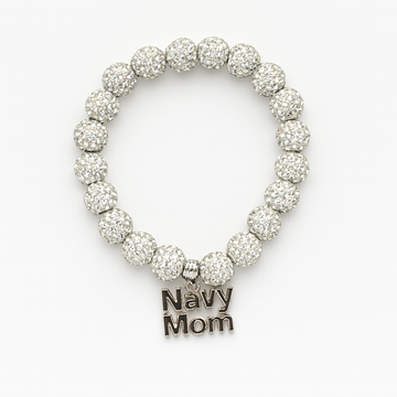 Silver beaded bracelet with 'Navy Mom' charm on a white background