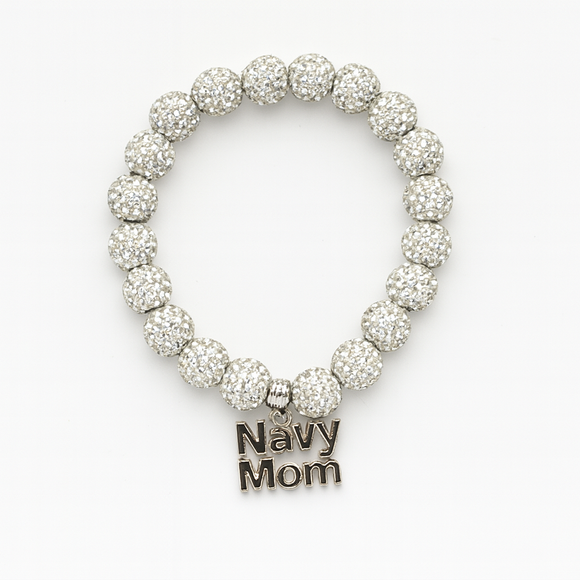 Silver beaded bracelet with 'Navy Mom' charm on a white background